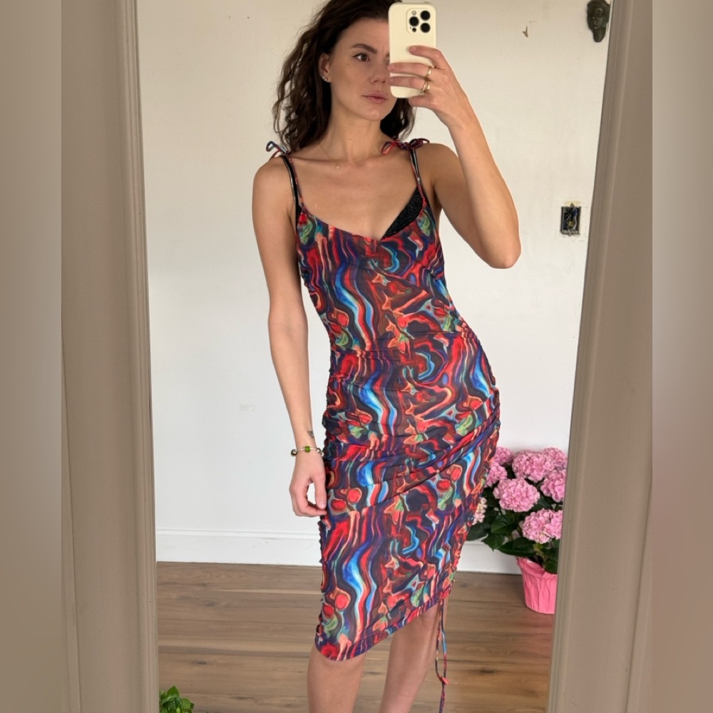 XL / NWT / Sheer Multicolor Abstract Strap Dress Kendall Kylie